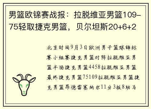 男篮欧锦赛战报：拉脱维亚男篮109-75轻取捷克男篮，贝尔坦斯20+6+2